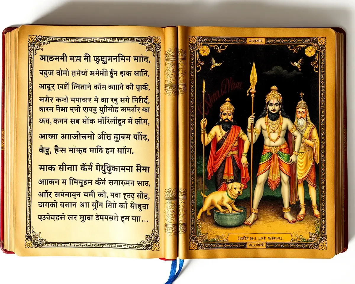 Ramayan Book Cover with Sanskrit Script and Lord Rama Illustrations
