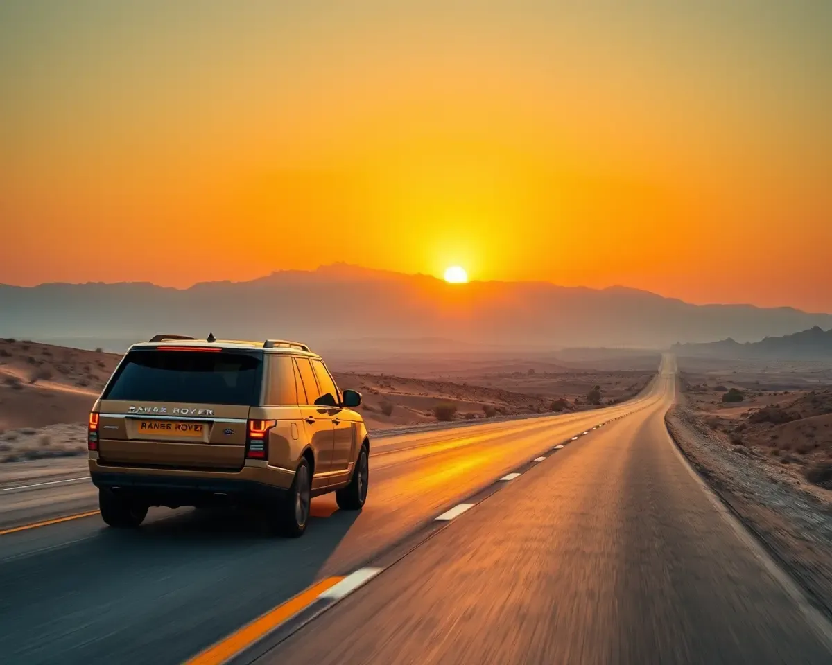 Range Rover Cruises Desert Highway with Sunset Background
