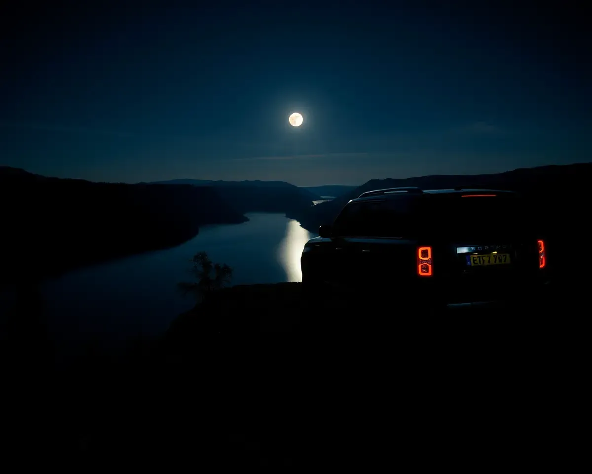 Range Rover at Night with Full Moon and Serene Lake