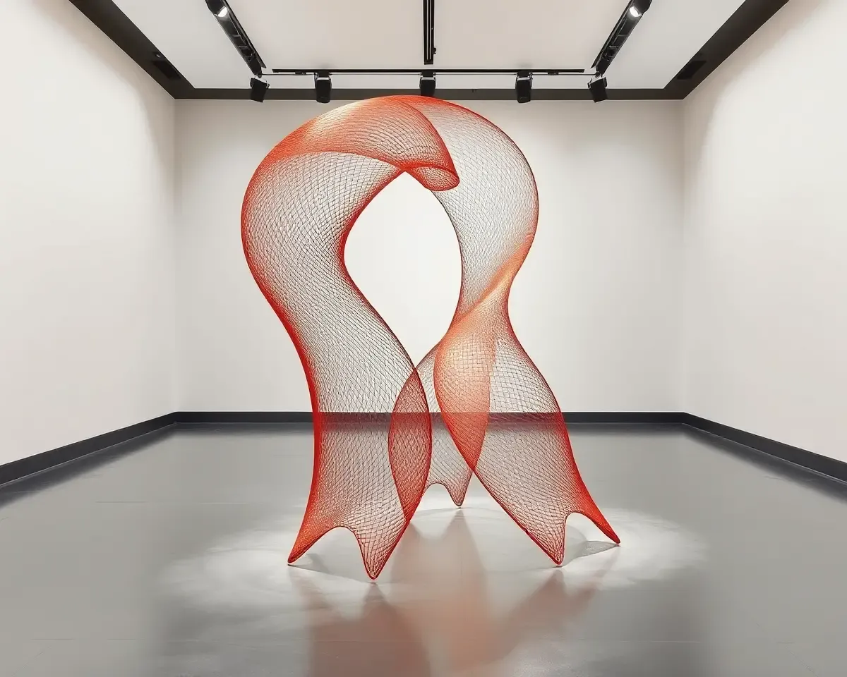 Rashi Mesh Sculpture in Modern Art Gallery with Minimalist Background and Spotlights