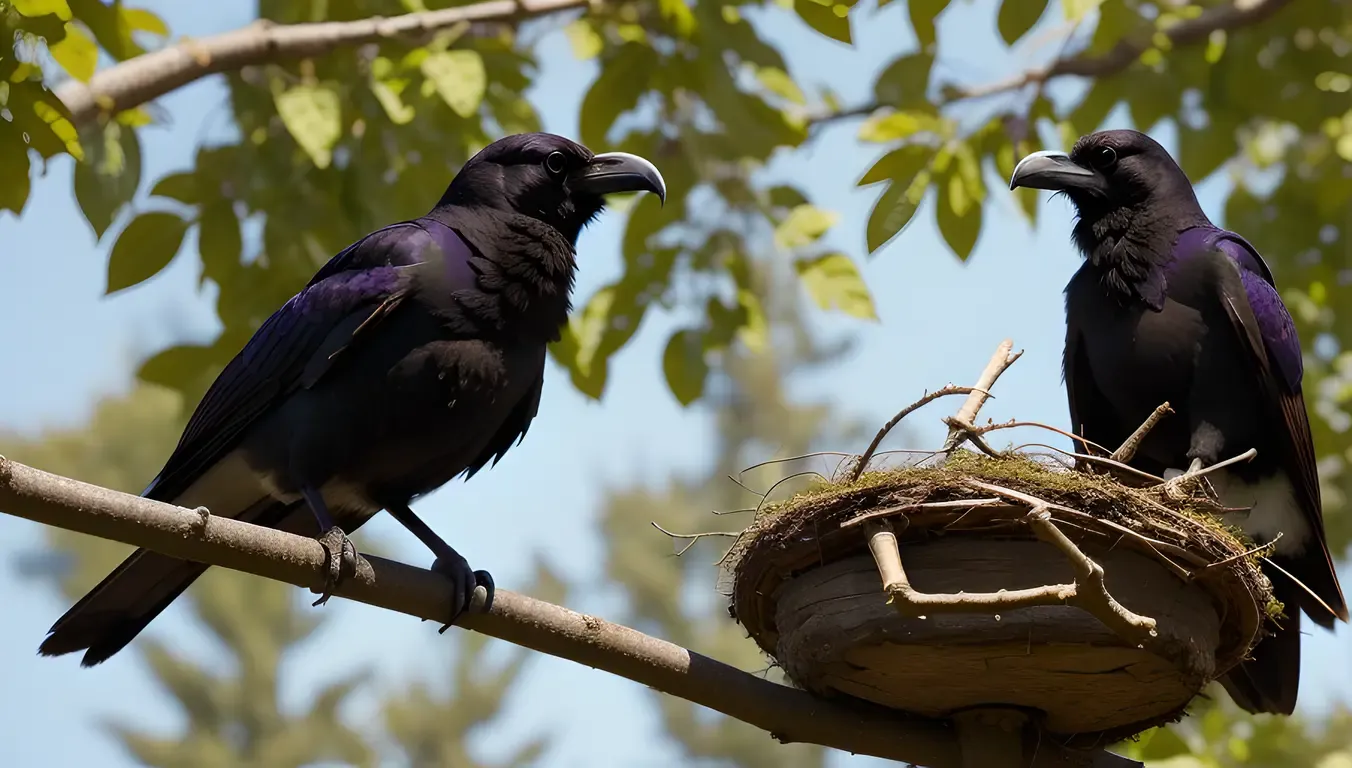 Raven's Nest in Towering Tree Filled with Twigs and Leaves