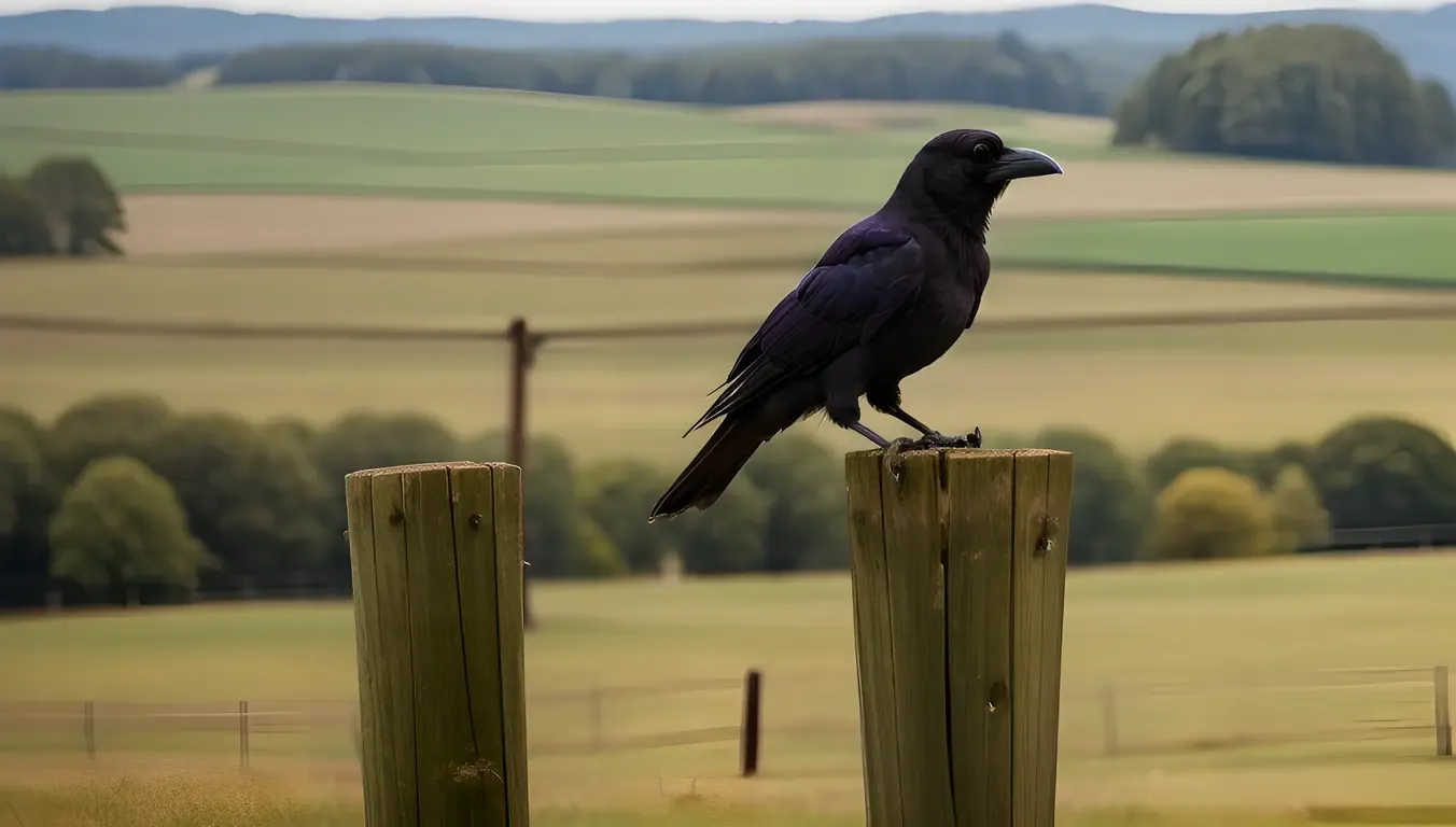 Raven Perches on Fence Post with Rolling Green Landscape