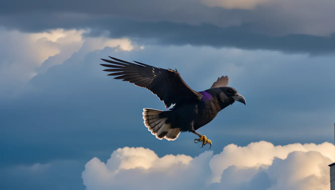 Raven Soars Across Stormy Sky with Spread Wings