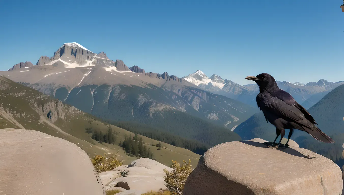 Raven Stands on Rocky Outcropping with Distant Mountain Range