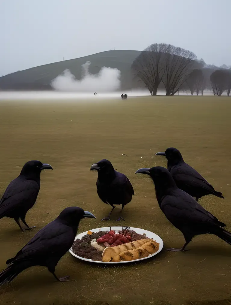 Ravens Gather Around Carcass in Eerie Fog