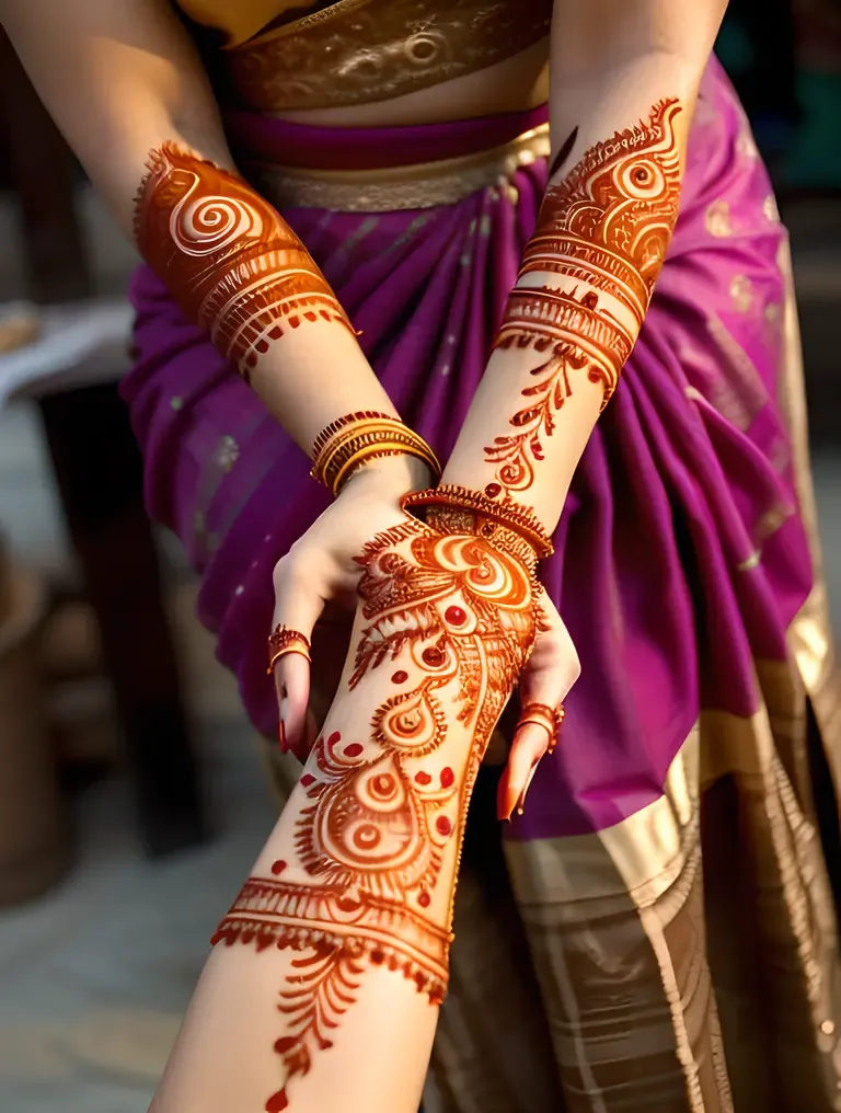 Real Nagavalli's Mehndi-Adorned Hands with Indian Instrument