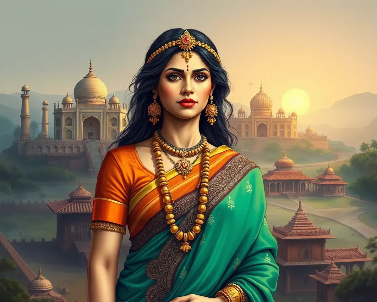 Realistic Bharat Mata with Village Background Illustration