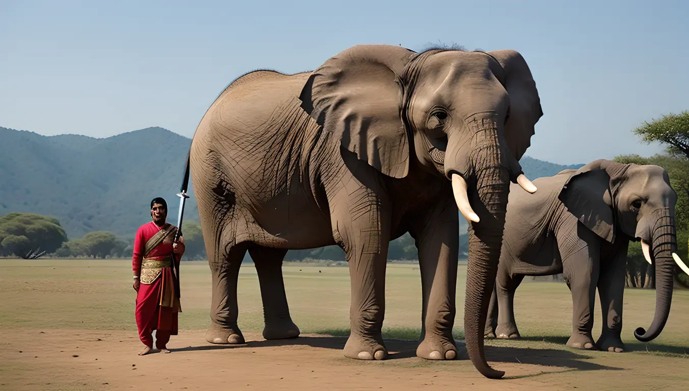 Regal Bindusara Wields Sword in Front of Majestic Elephant