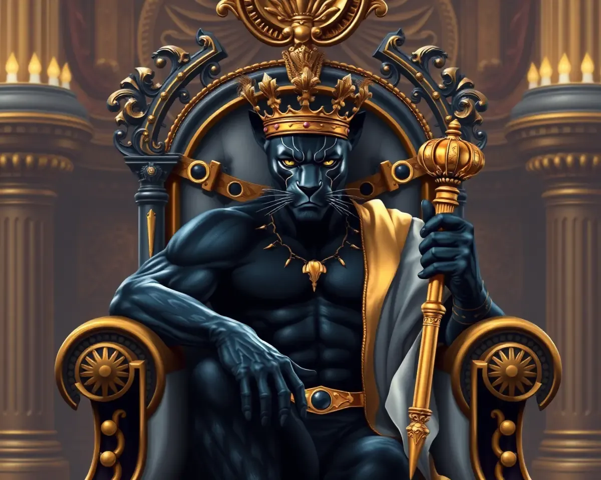 Regal Black Panther on Throne with Golden Crown and Scepter