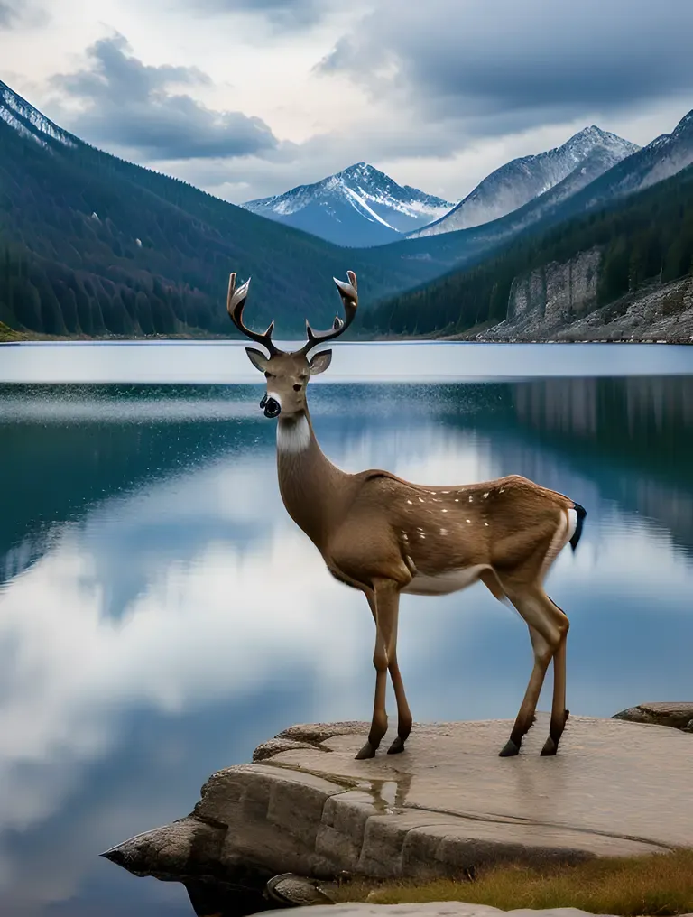 Regal Deer with Antlers Reaching towards Clouds and Lake
