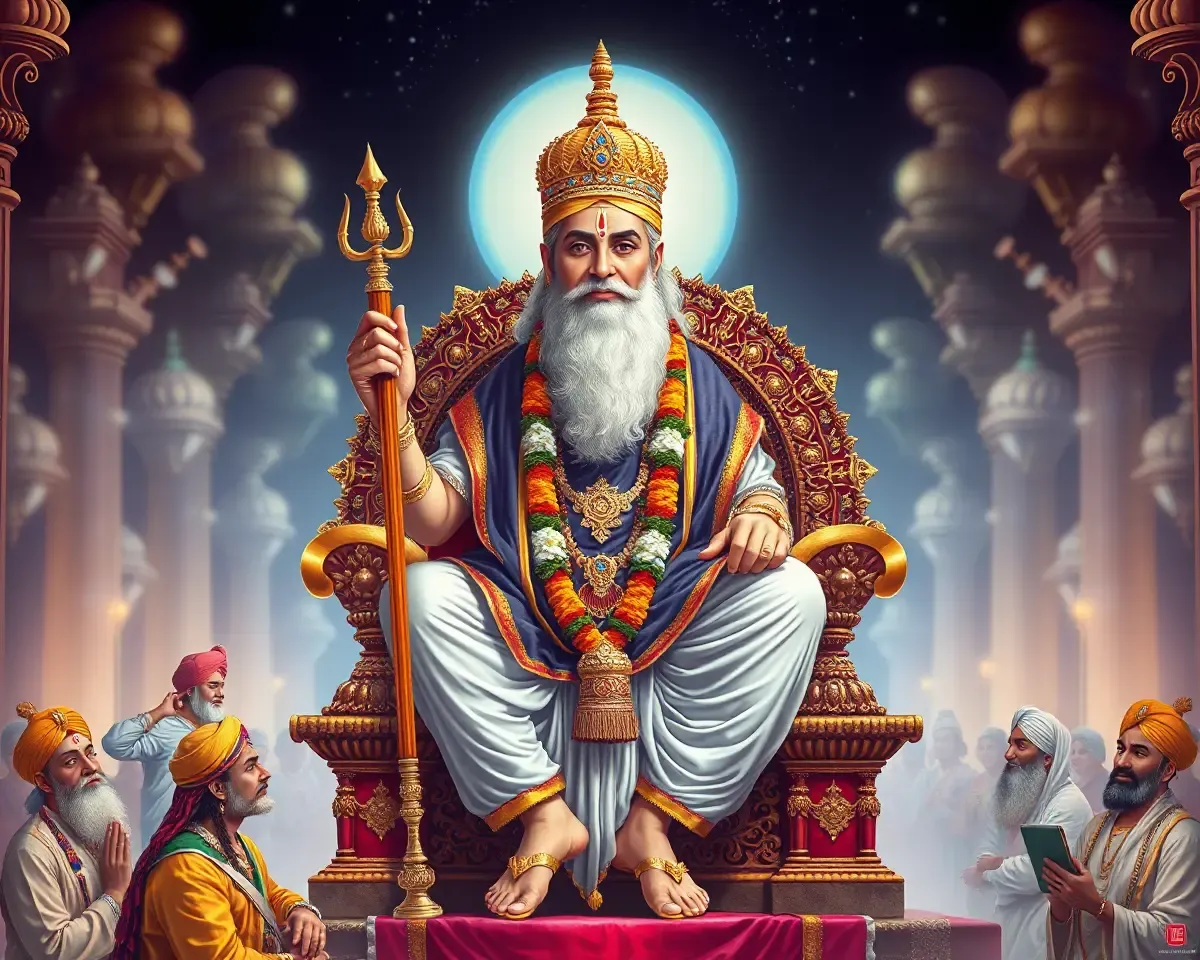 Regal Depiction of Guru Nanak Dev Ji on Throne PNG Image