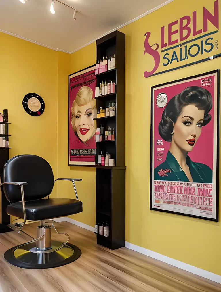 Retro Ladies Salon with Vintage Posters and Glamorous Hairstyles