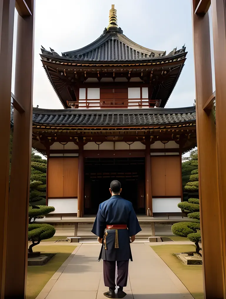 Reverent Samurai Profile Pic with Japanese Temple