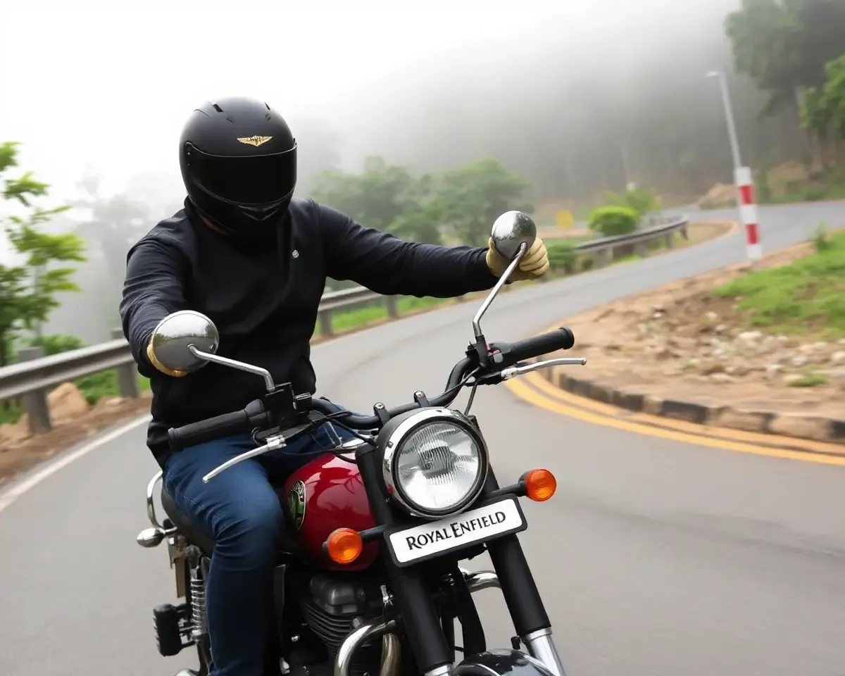 Rider Cruises Down Winding Road on Royal Enfield Bike