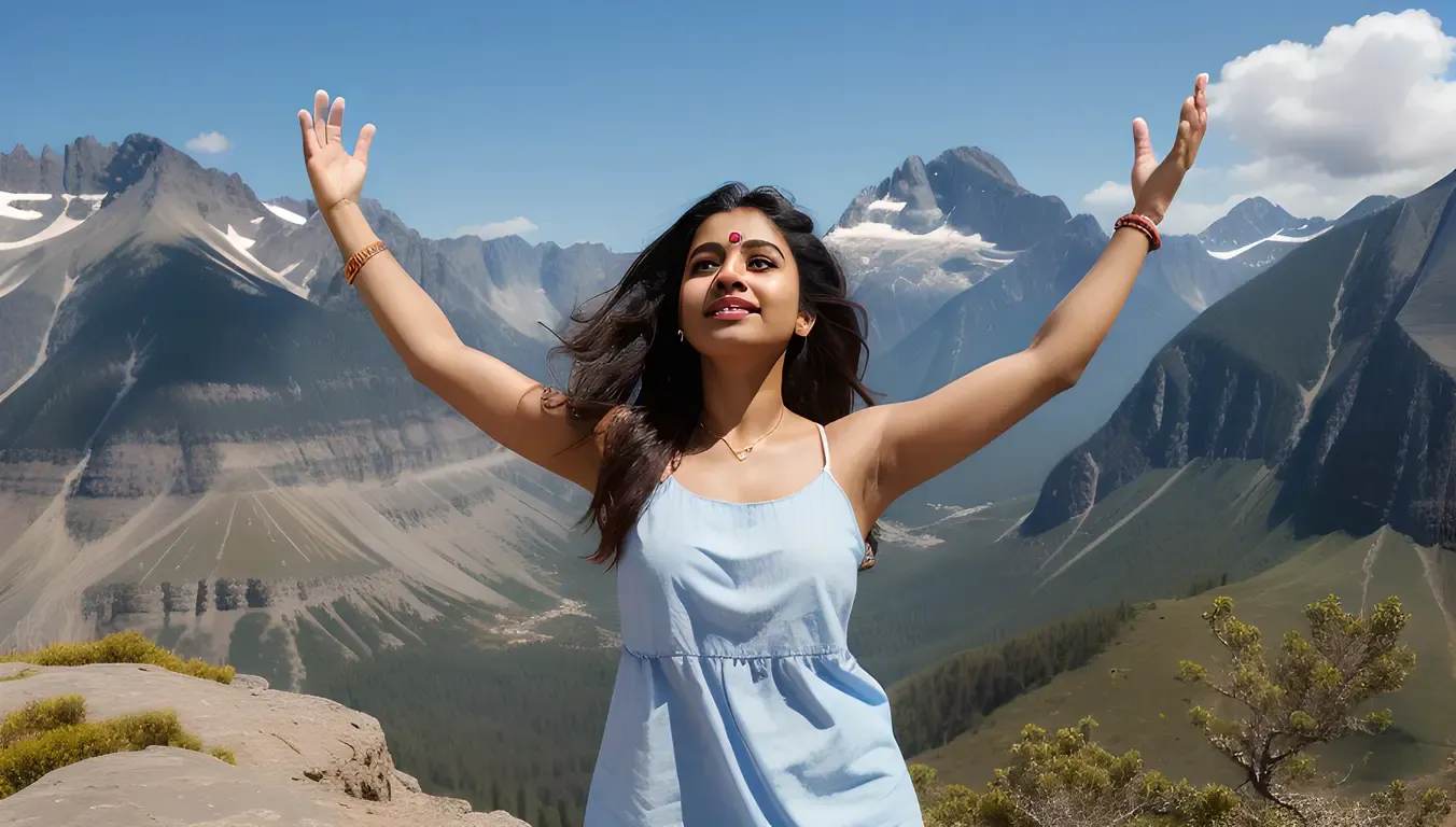 Ritika Embracing Freedom Against Majestic Mountain Range