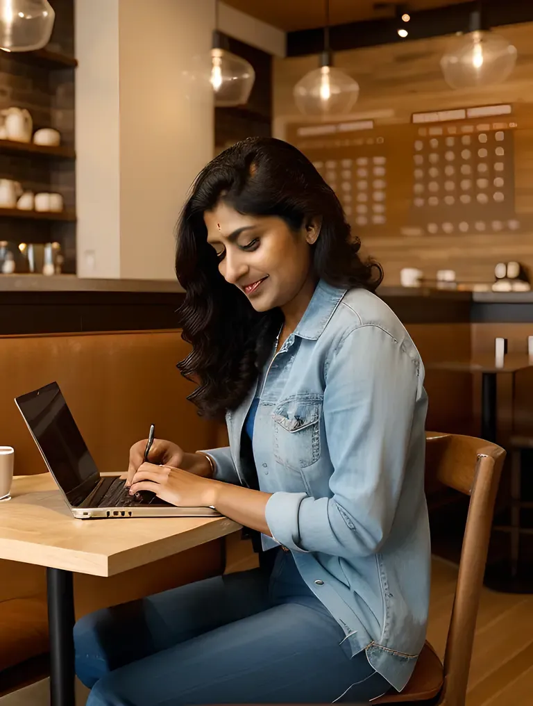 Ritika Typing Away in Cozy Coffee Shop