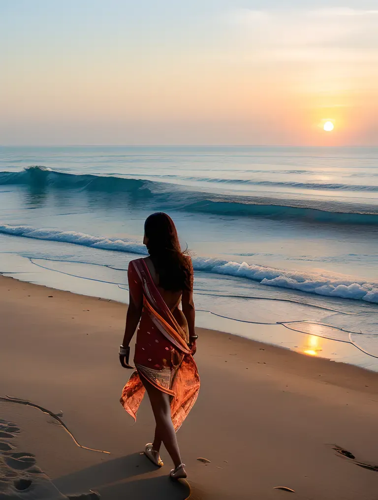 Ritika Walking on Beach at Sunset with Waves