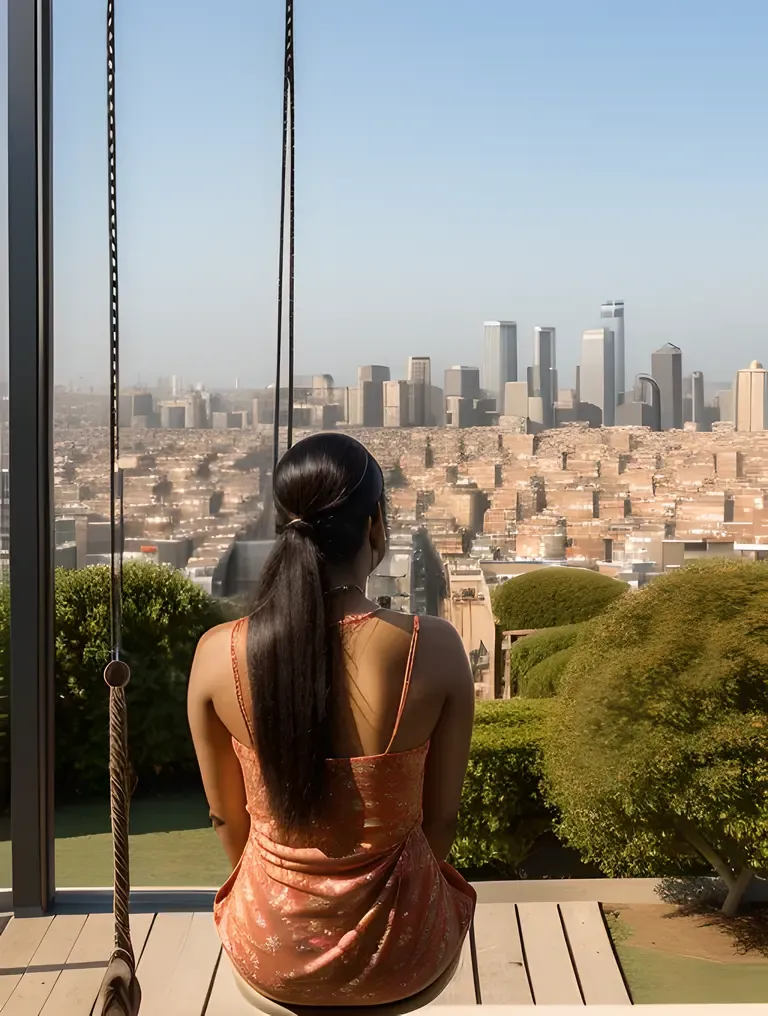 Ritika on Swing Looking Out at Cityscape