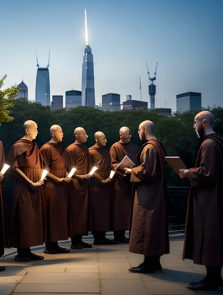 Robot Monks Chant in Unison with Cityscape Background