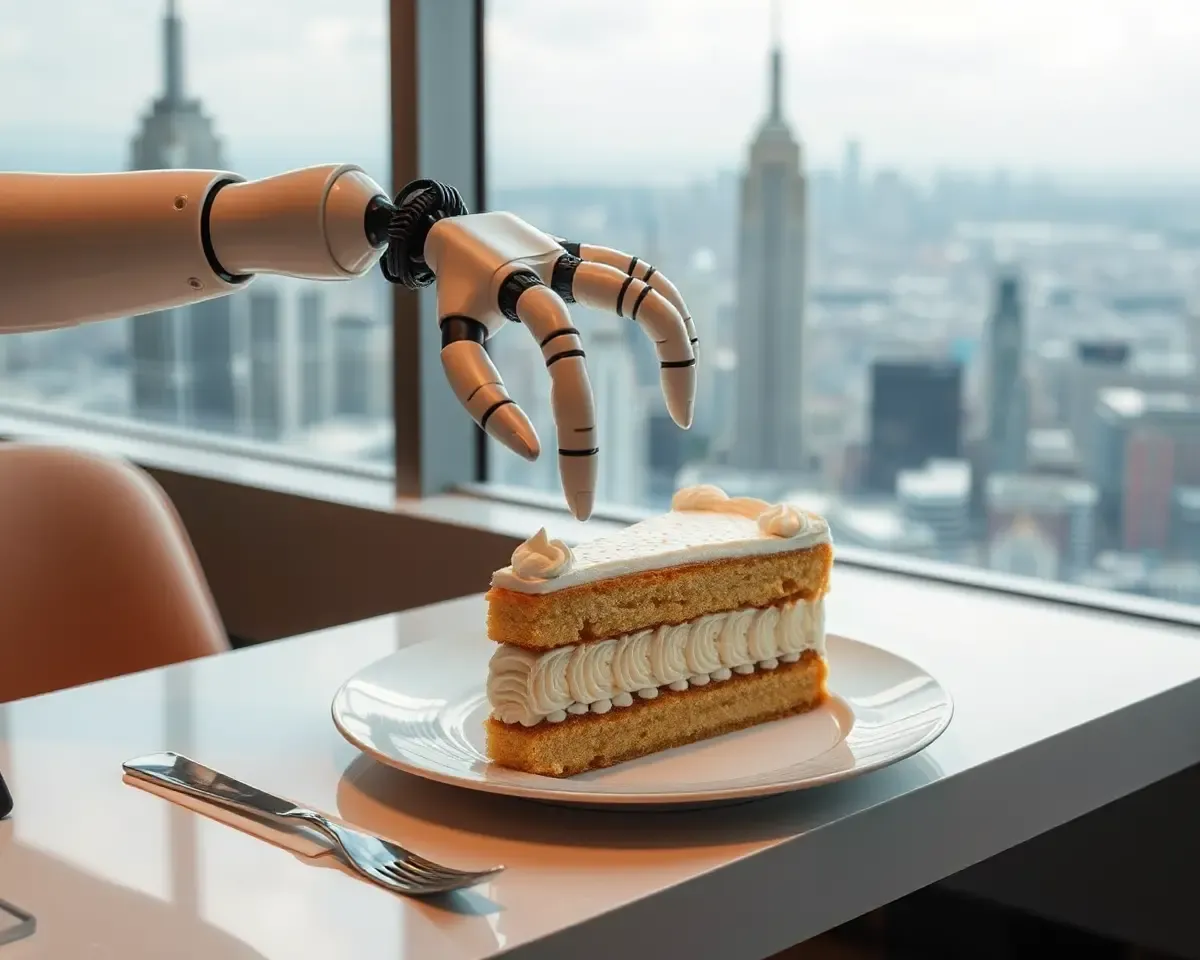Robotic Arm Places AI-Generated Cake on Futuristic Dinner Table.