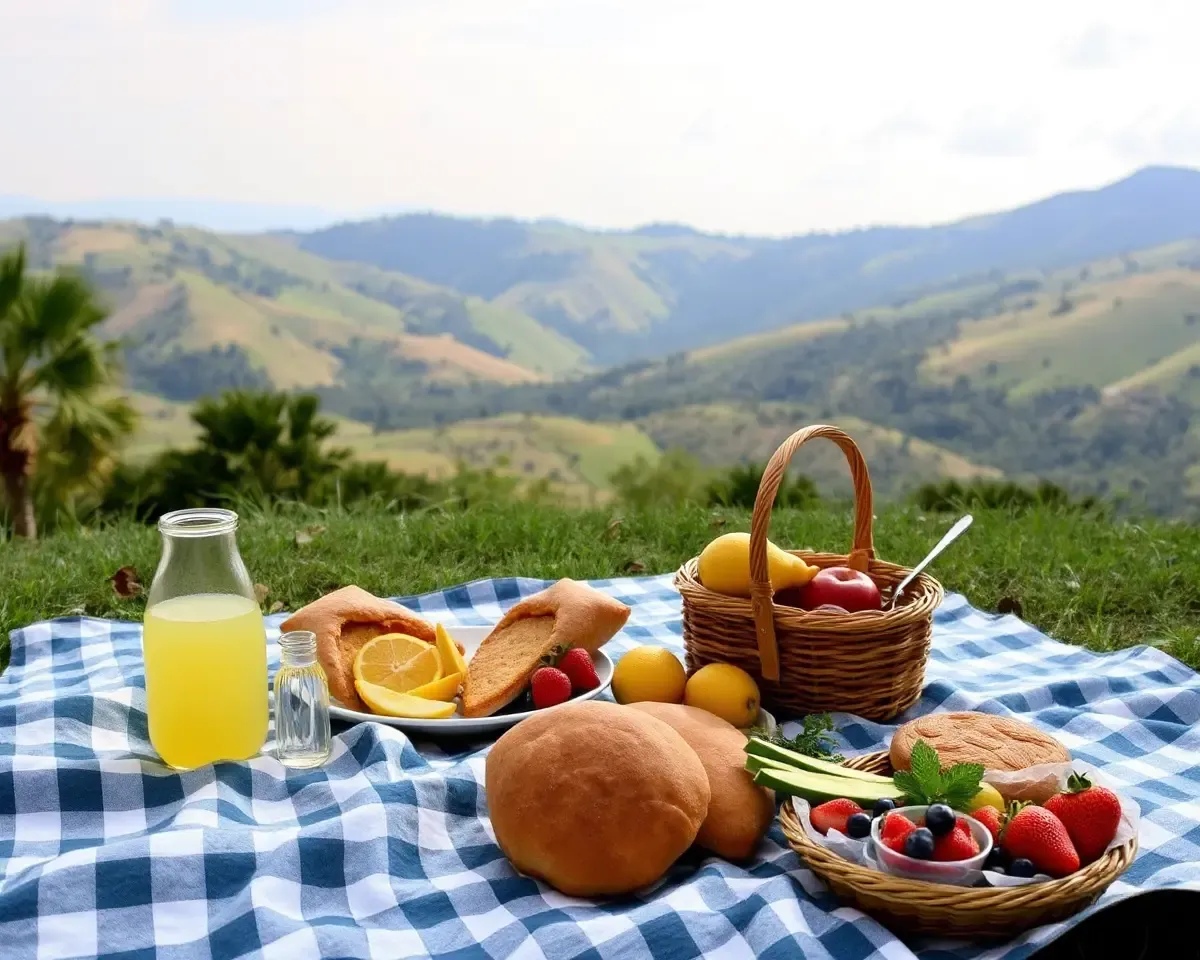 Rolling Hillside with Biskut-Themed Picnic Spread and Fresh Fruit