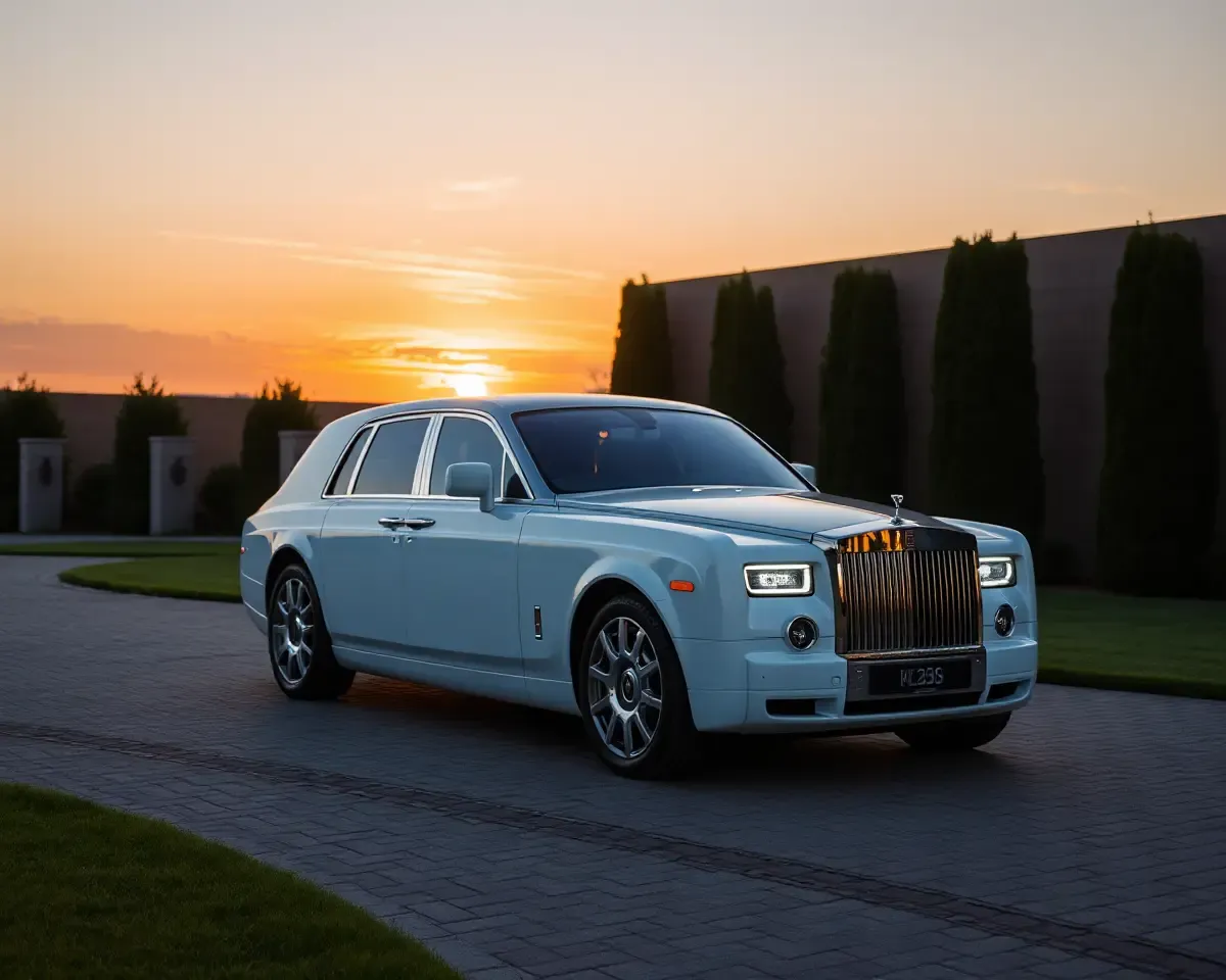 Rolls-Royce Phantom in Luxurious Sunset Driveway 4K Wallpaper