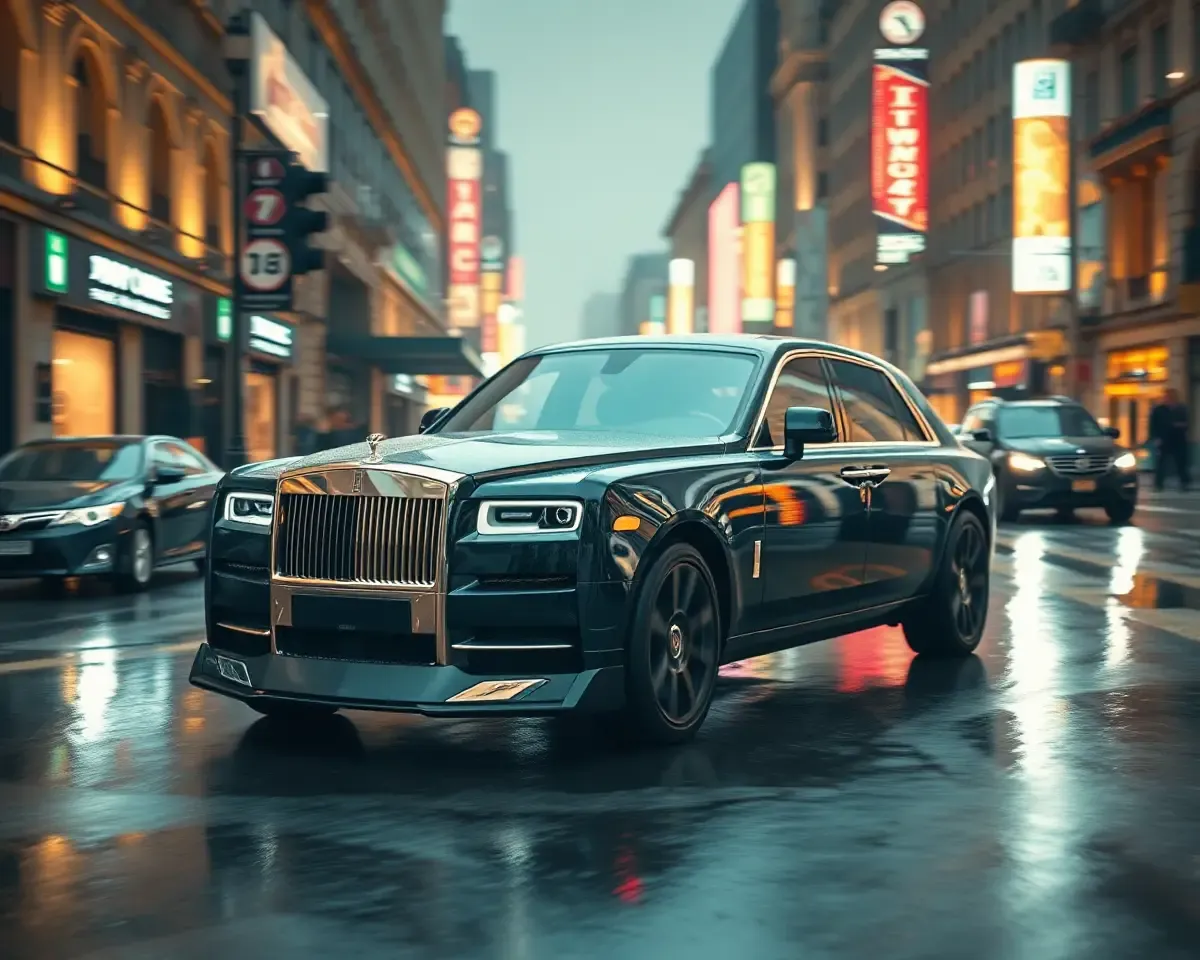 Rolls-Royce Phantom on Rainy City Street
