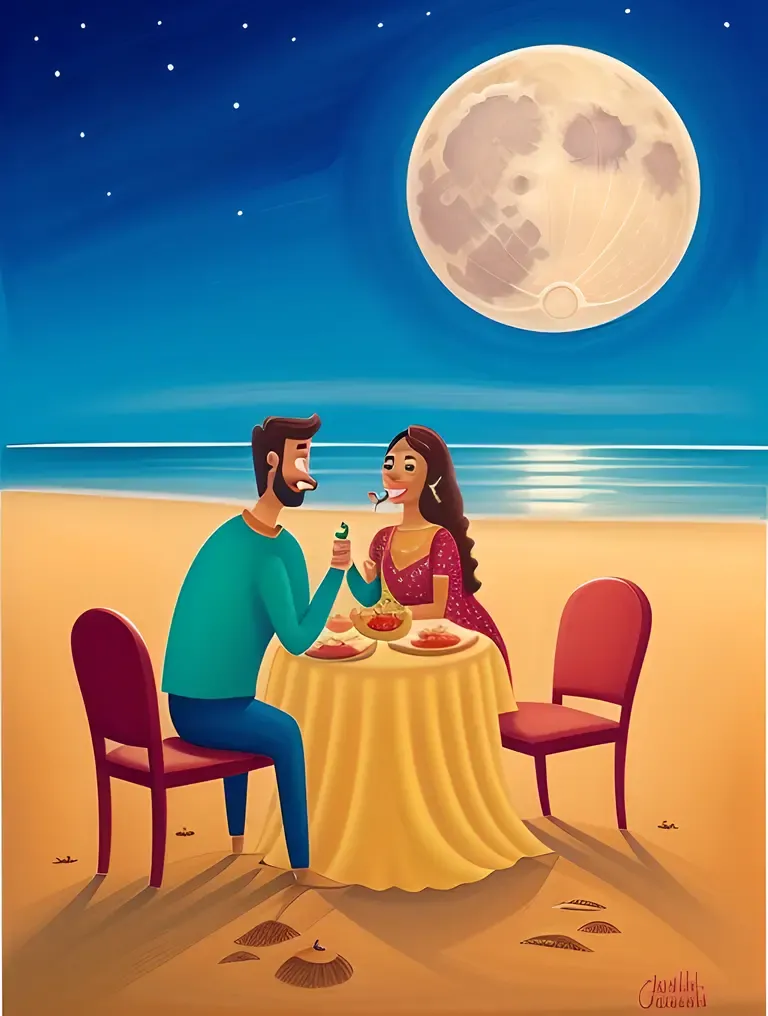 Romantic Bhabhi Pic: Moonlit Beach Dinner Date Night