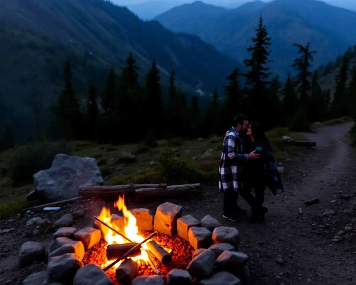 Romantic Bonfire Moment on Secluded Mountain Trail