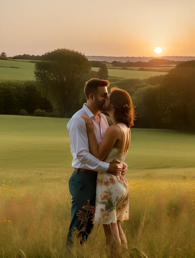 Romantic Couple's Lush Green Meadow Sunset Glow
