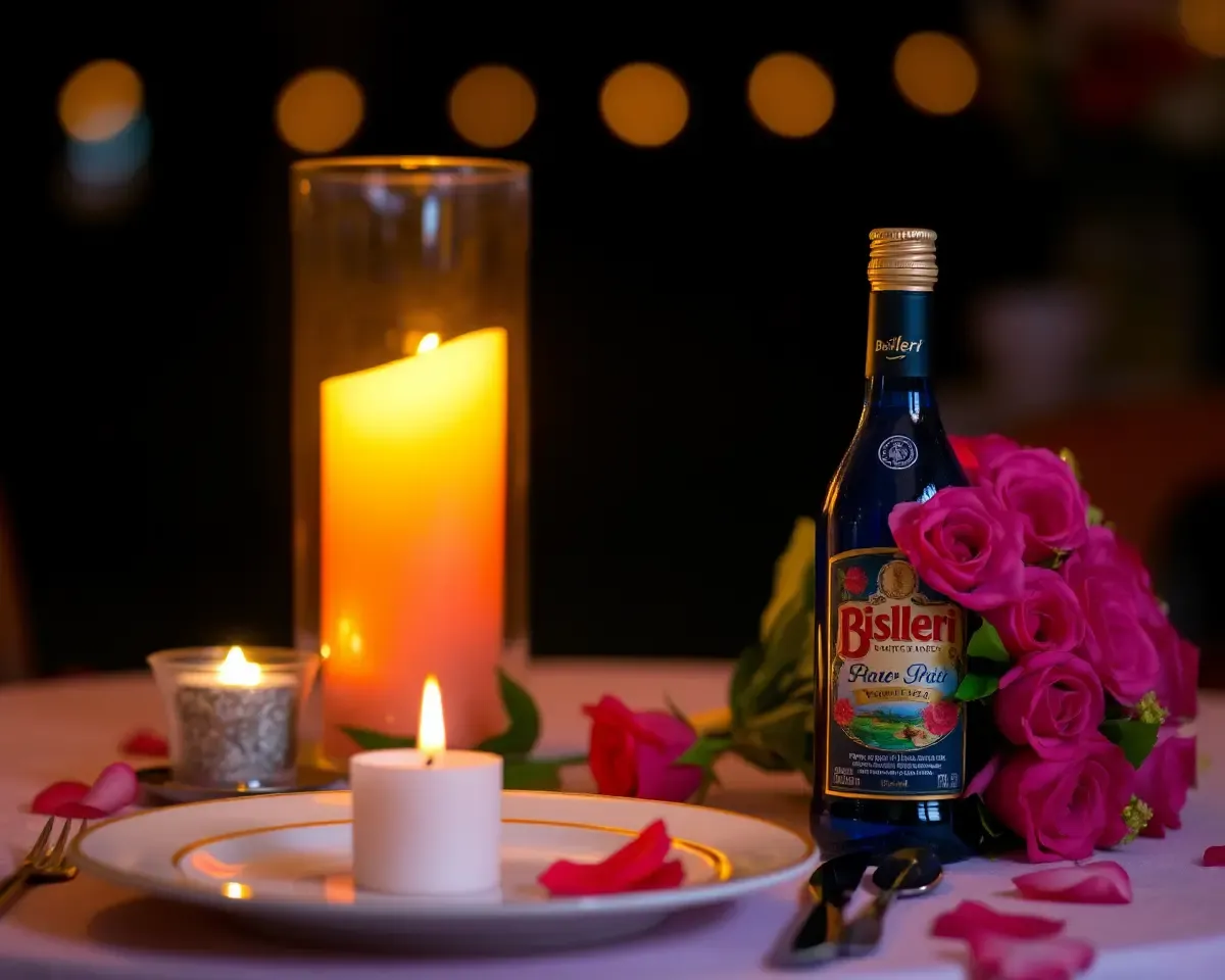 Romantic Dinner with Candlelit Table and Bisleri Bottle
