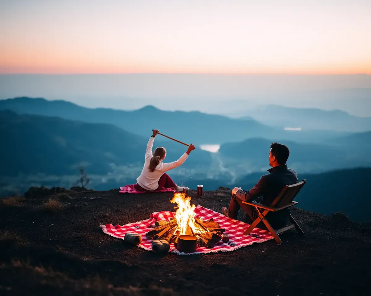 Romantic Picnic by Bonfire on Mountaintop with View