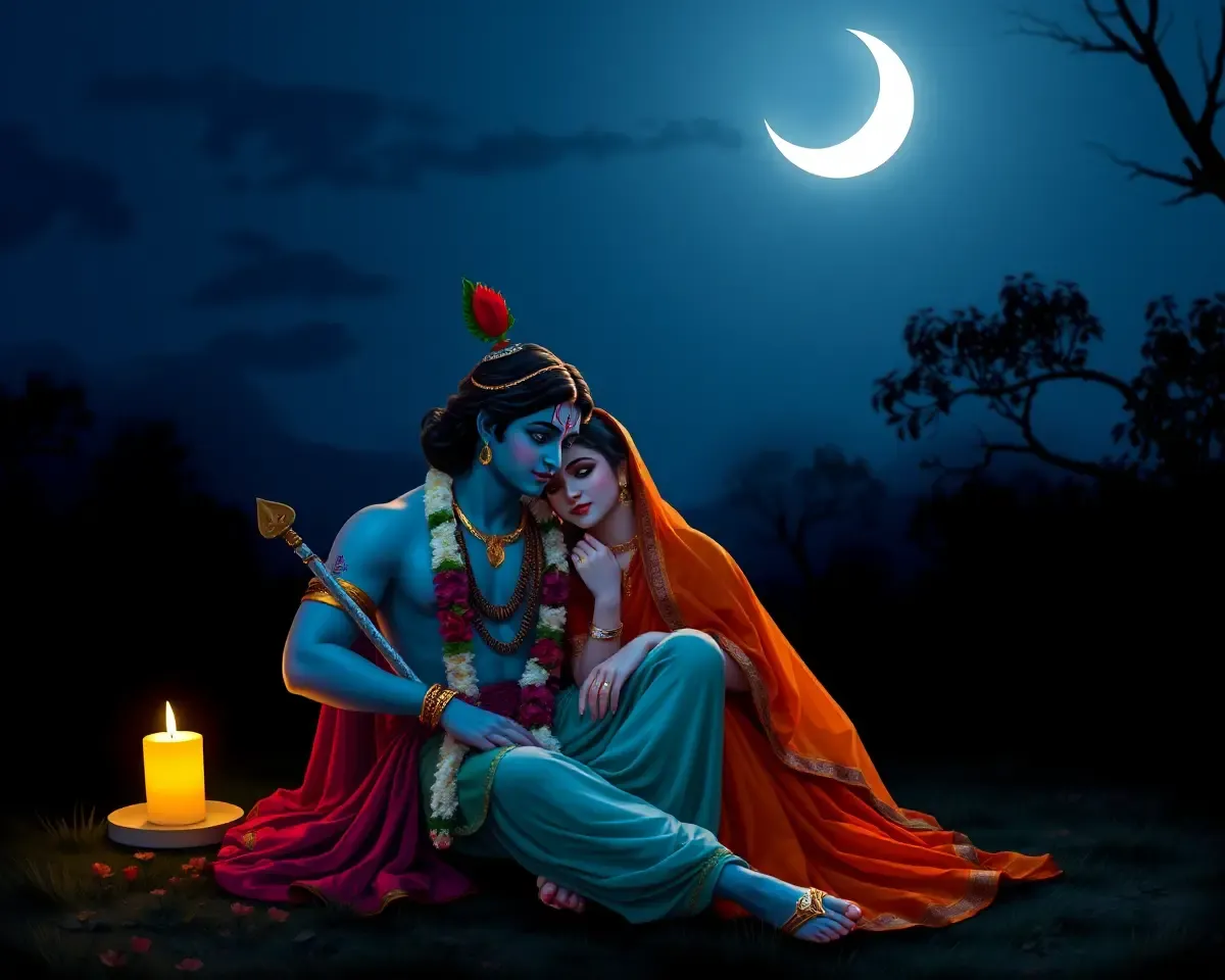 Romantic Radha Krishna Nighttime Portrait with Crescent Moon