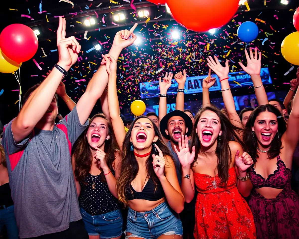 Rowdy Friends Cheer at Music Festival with Confetti and Balloons