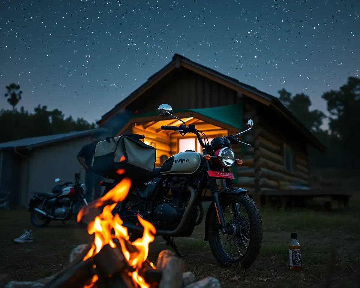 Royal Enfield Bike in Front of Rustic Cabin with Campfire