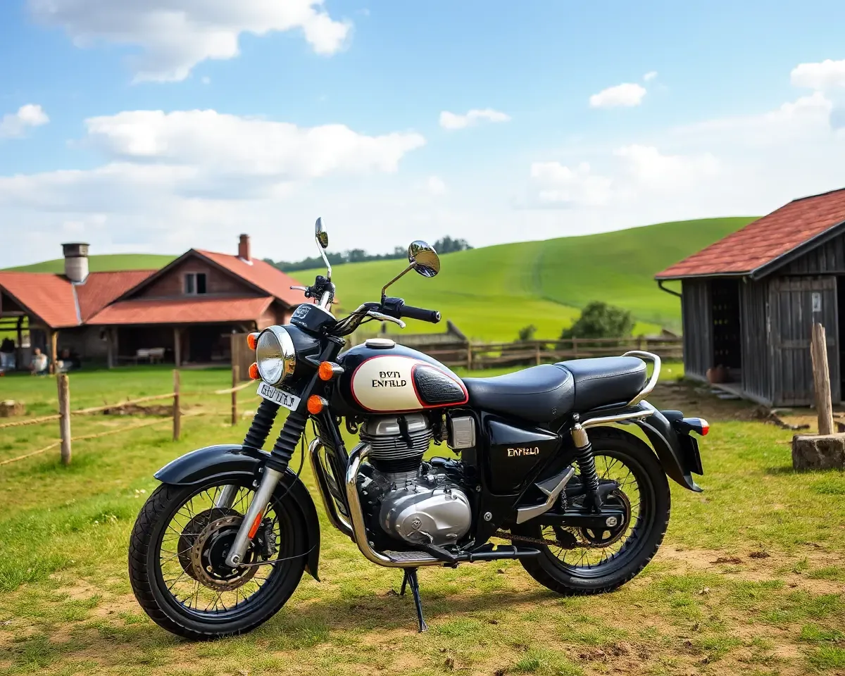 Royal Enfield Motorcycle in Rustic Farmhouse Setting