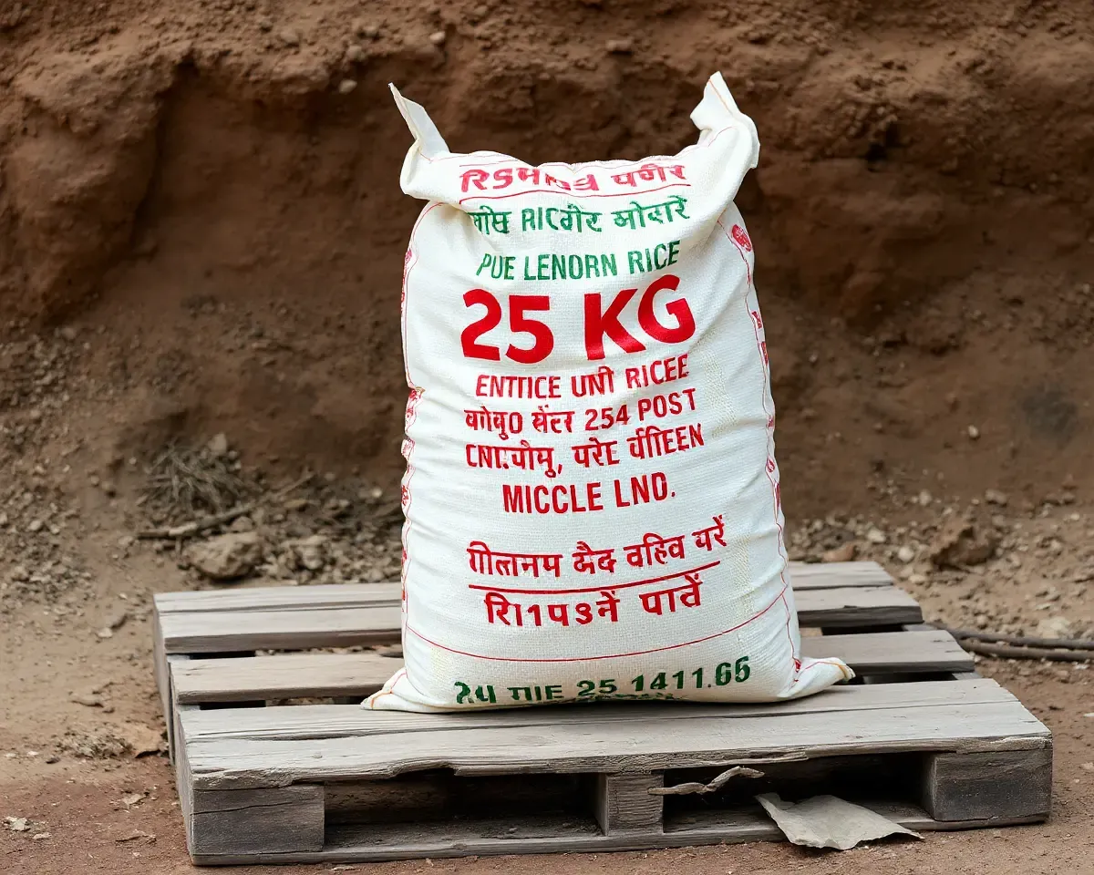 Rustic 25 kg Rice Bag on Wooden Pallet PNG