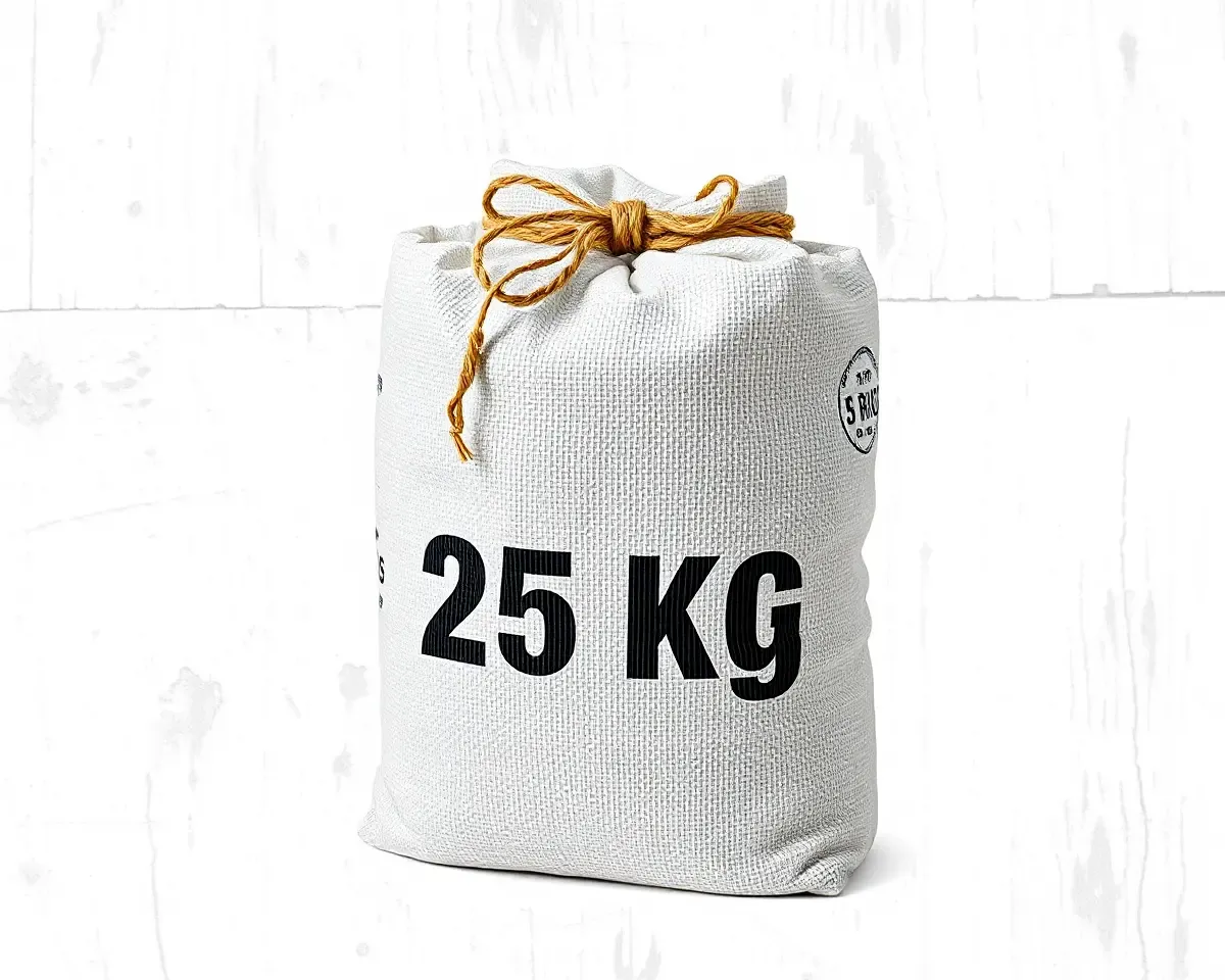 Rustic 25 kg Rice Bag with Twine and Wooden Handle PNG