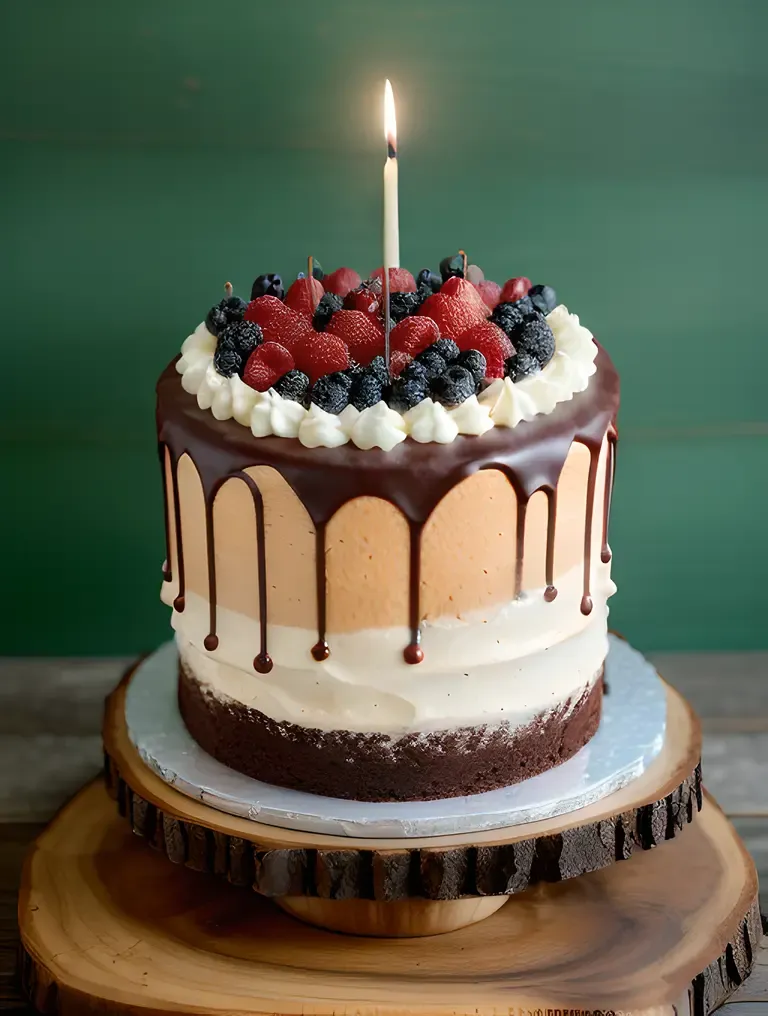 Rustic Black Forest Cake with Caramelized Sugar and Fresh Berries
