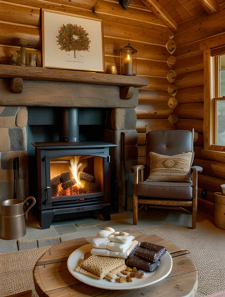Rustic Cabin Scene with Cozy Fireplace and Homemade Snacks