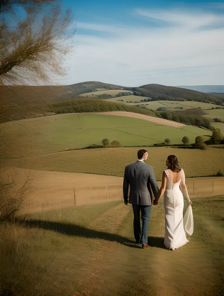 Rustic Countryside Background with Hand-Holding Husband and Wife