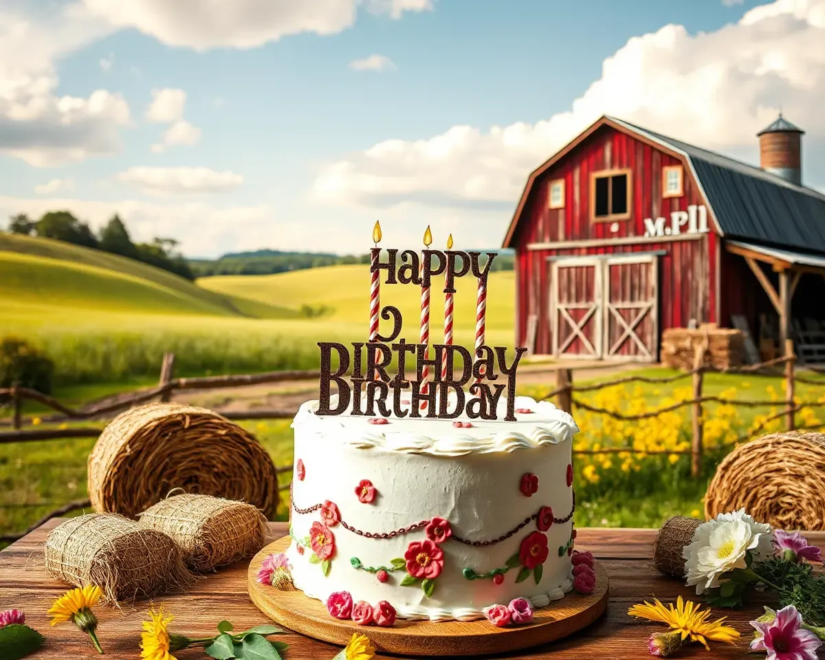 Rustic Countryside Birthday Background with Barn and Cake