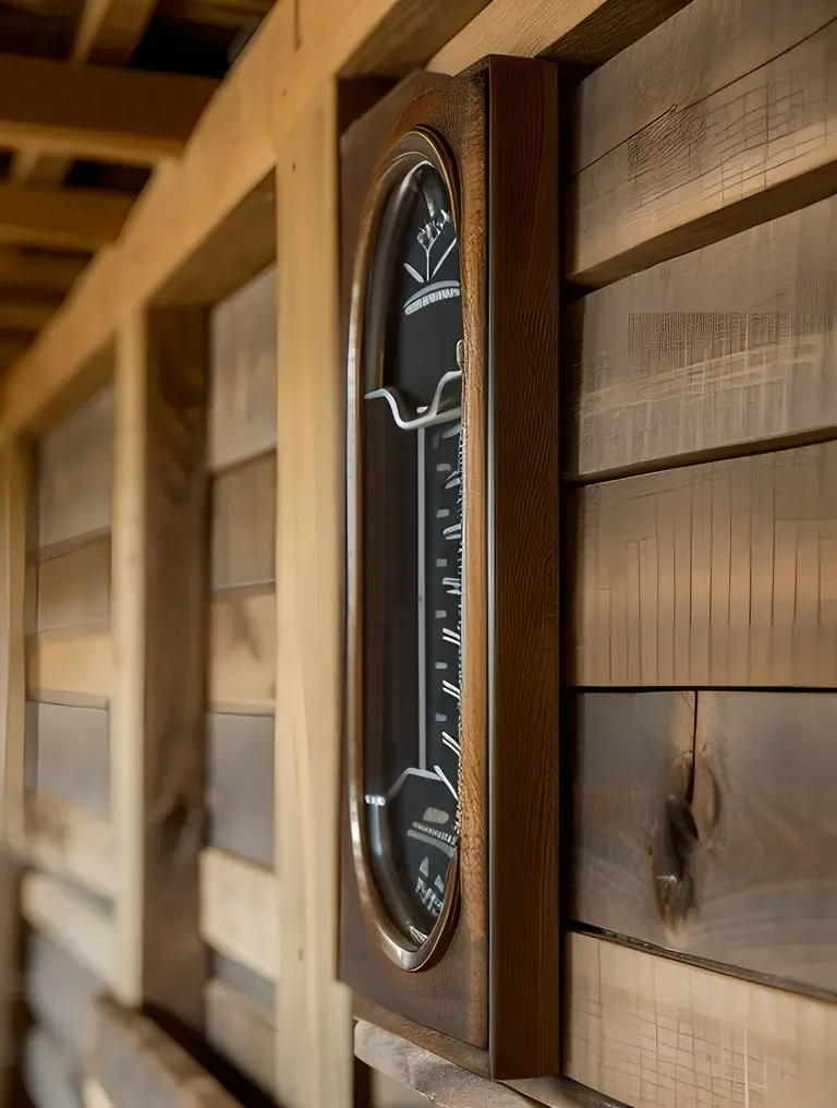 Rustic Hygrometer on Wooden Beam in Barn