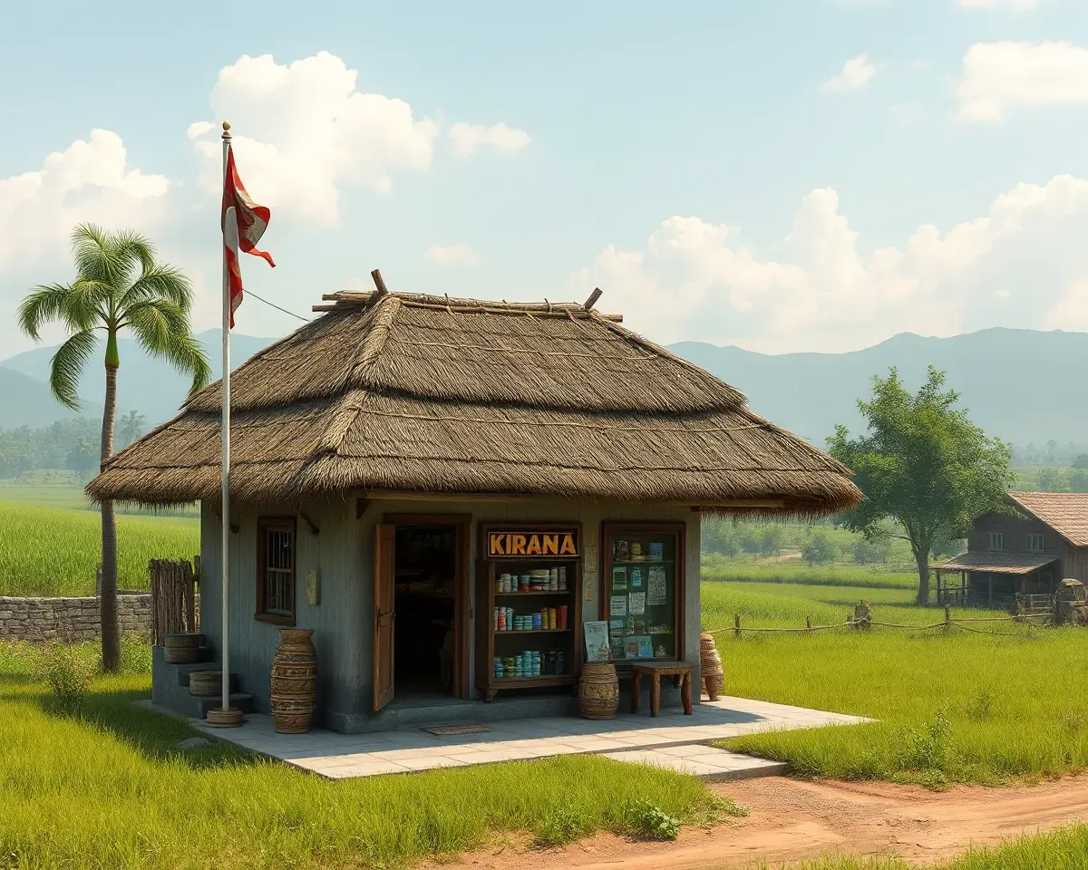 Rustic Kirana Store in Rural Indian Village with Lush Fields.
