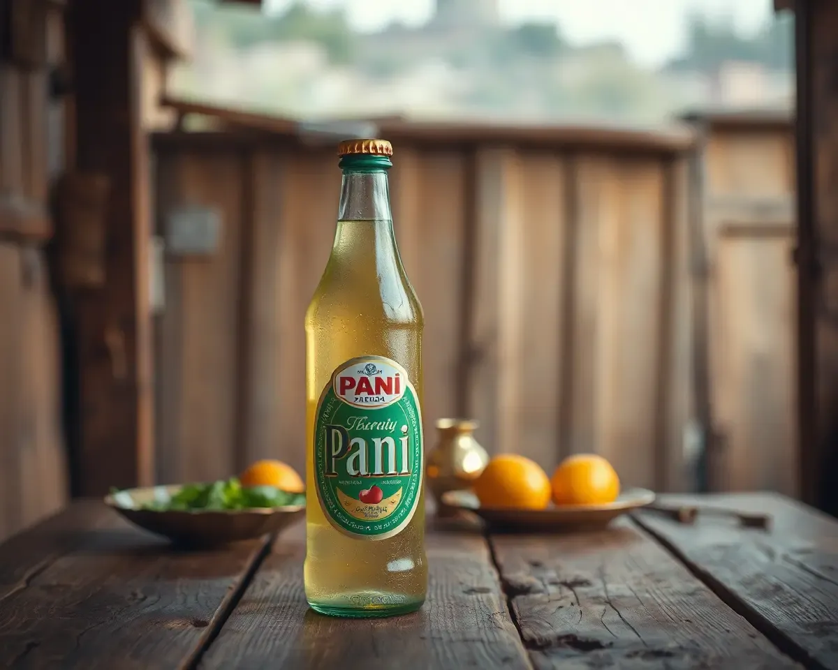 Rustic Pani Bottle on Wooden Table Photo-realistic Image