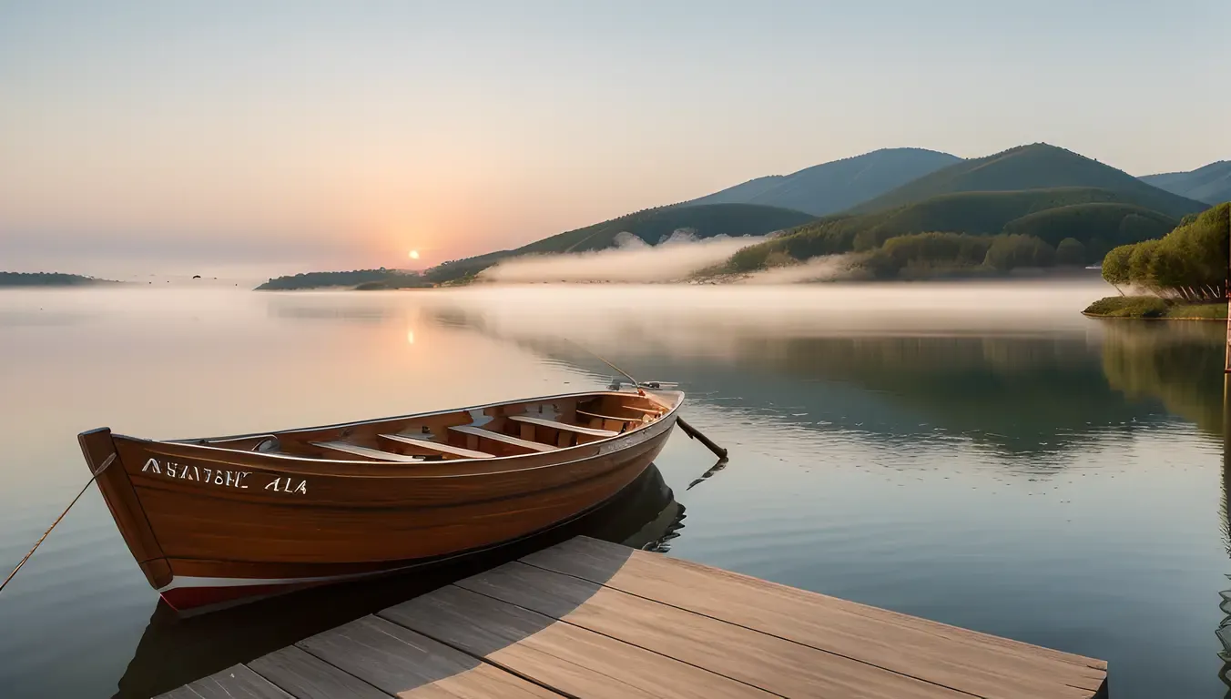 Rustic Plywood Boat Docked at Serene Lake Shore