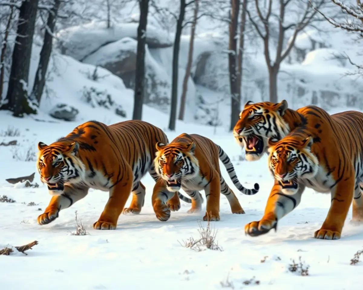 Saber-Toothed Tigers Stalking Prey in Forest