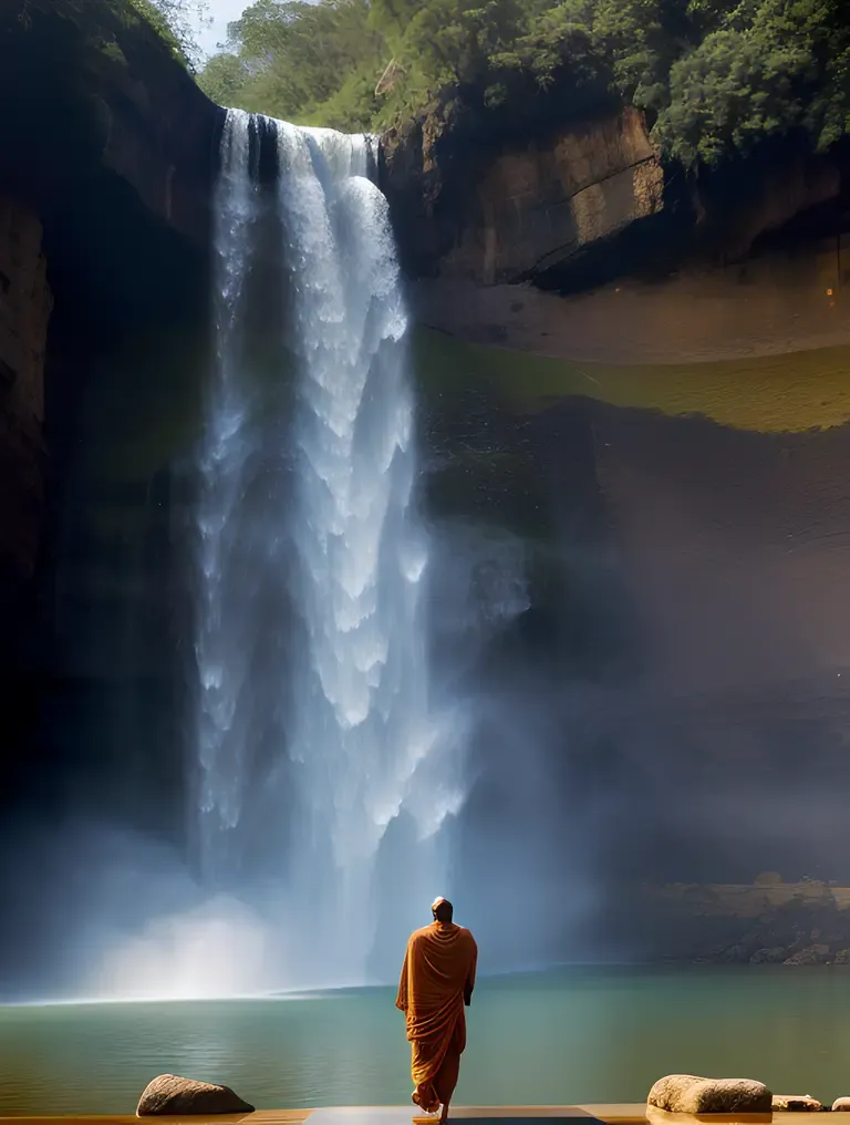 Sadhu Blessed by Waterfall's Misty Veil Wallpaper HD