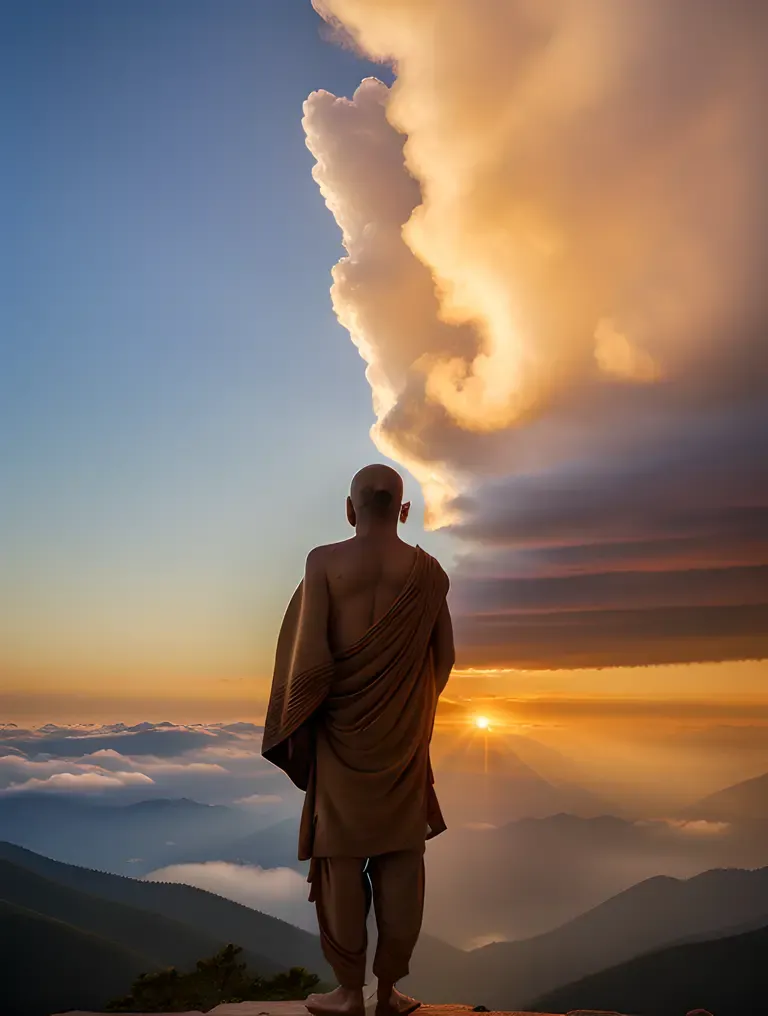 Sadhu Gazing Out at Breathtaking Sunset on Mountain Peak
