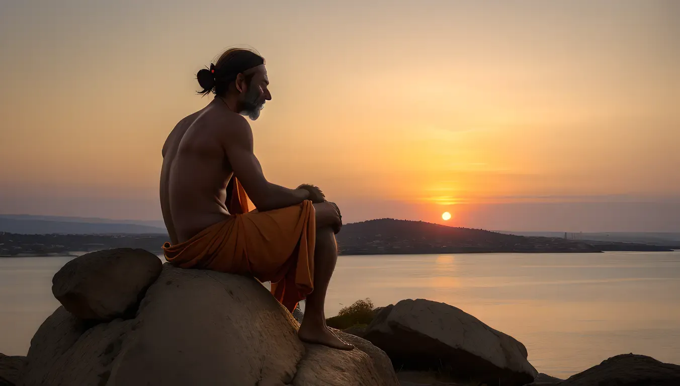 Sadhu Gazing at Stunning Sunset on Rock